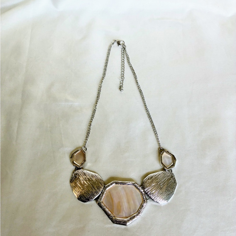 Silver tone and mother of pearl necklace abstract statement necklace